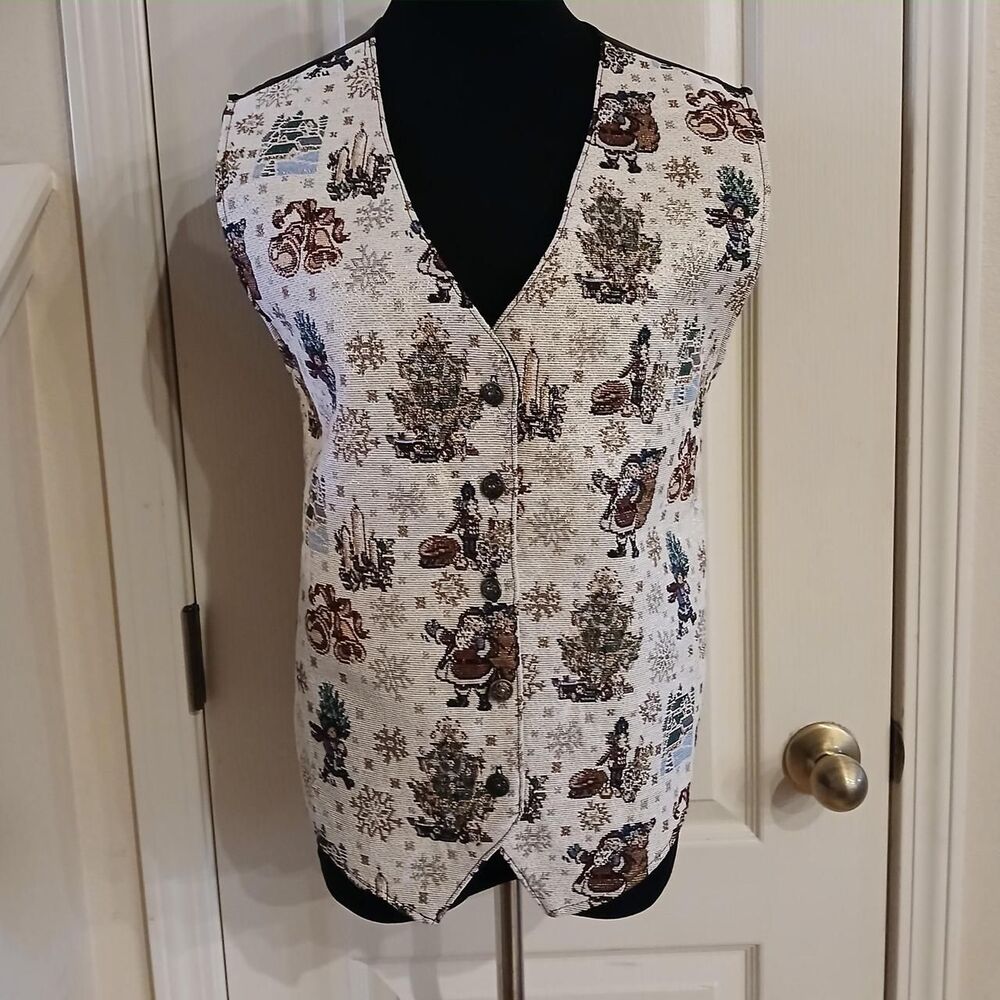 Vintage Christmas Tapestry Brocade Vest Santa Claus Snowflakes Soldiers Bells XL